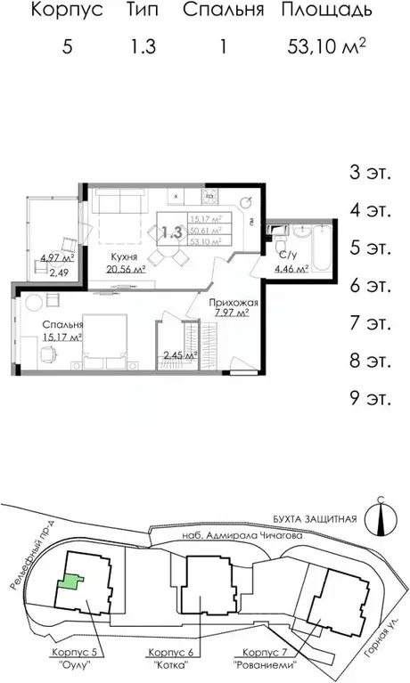 1-к кв. Ленинградская область, Выборг наб. Адмирала Чичагова, 6 (52.5 ... - Фото 1