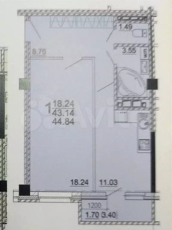 1-к. квартира, 44,3 м, 7/9 эт. - Фото 0