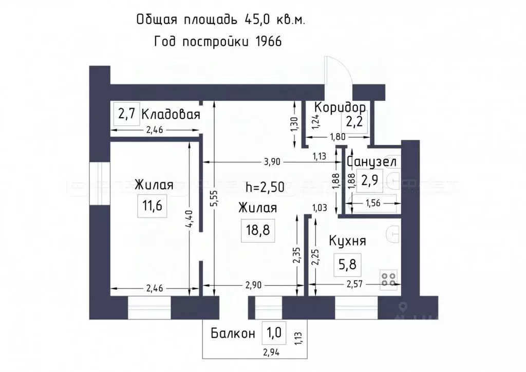 2-к кв. Татарстан, Казань ул. Жуковского, 27 (45.0 м) - Фото 0