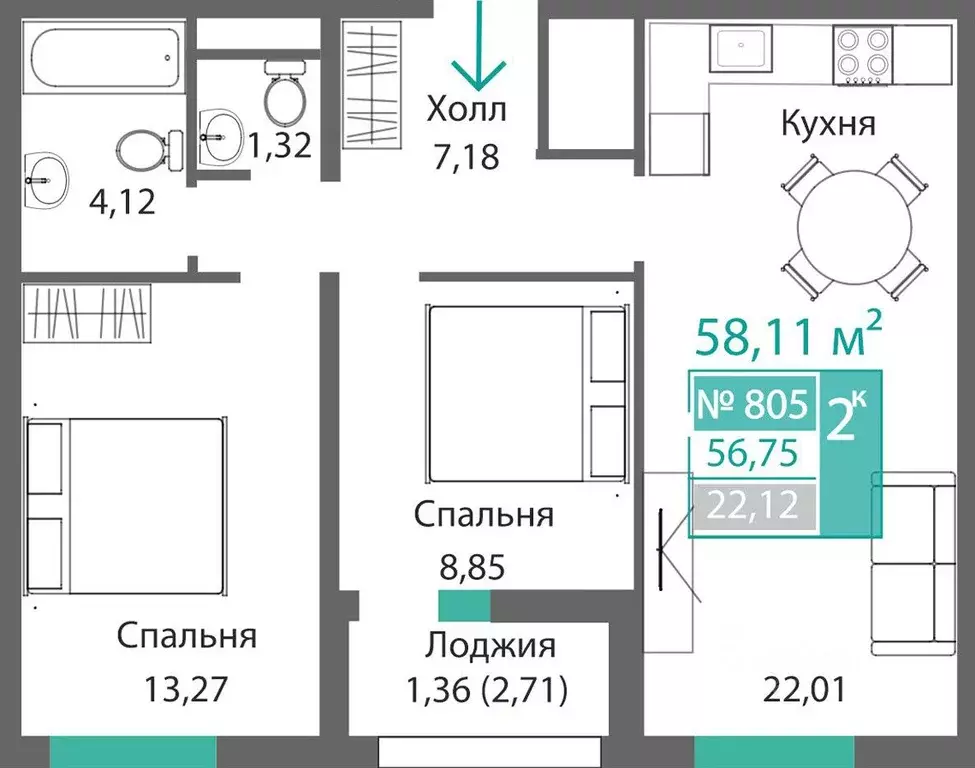2-к кв. Крым, Симферополь Крымская роза мкр,  (58.11 м) - Фото 0