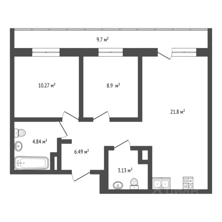 2-к кв. Тюменская область, Тюмень ул. Лесопарковая, 1к1 (58.2 м) - Фото 2
