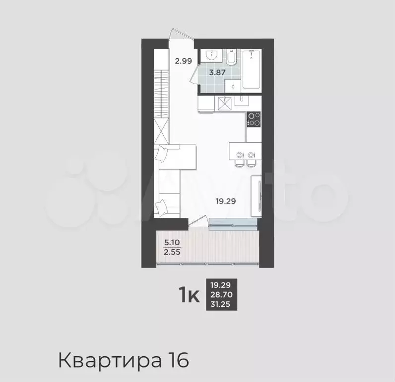 Квартира-студия, 28,7м, 4/9эт. - Фото 1