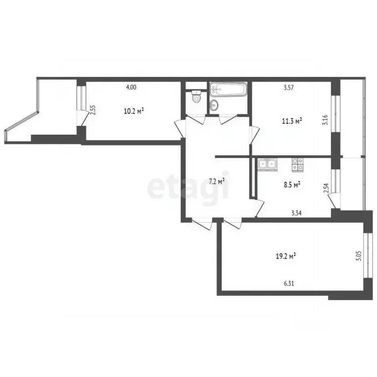 3-к кв. Архангельская область, Архангельск ул. Павла Усова, 19к1 (64.4 ... - Фото 2