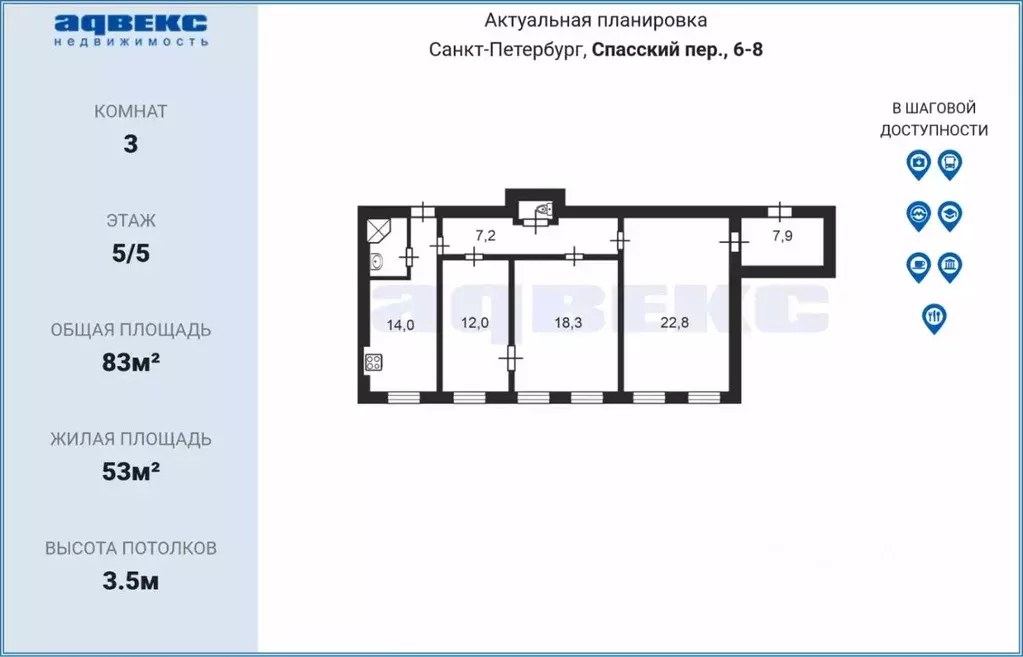 3-к кв. Санкт-Петербург Спасский пер., 6-8 (83.0 м) - Фото 1