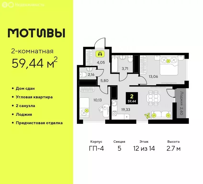 2-комнатная квартира: Тюмень, жилой комплекс Мотивы (59.44 м) - Фото 0