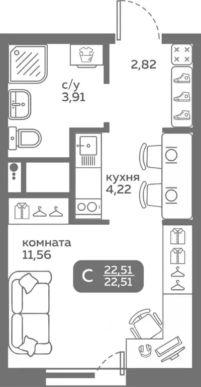 Студия Тюменская область, Тюмень ул. Вадима Бованенко, 10 (22.51 м) - Фото 0