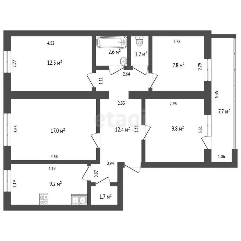 Квартира, 4 комнаты, 74.2 м - Фото 1
