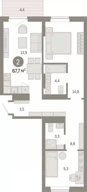 2-к кв. Омская область, Омск  (67.69 м) - Фото 2