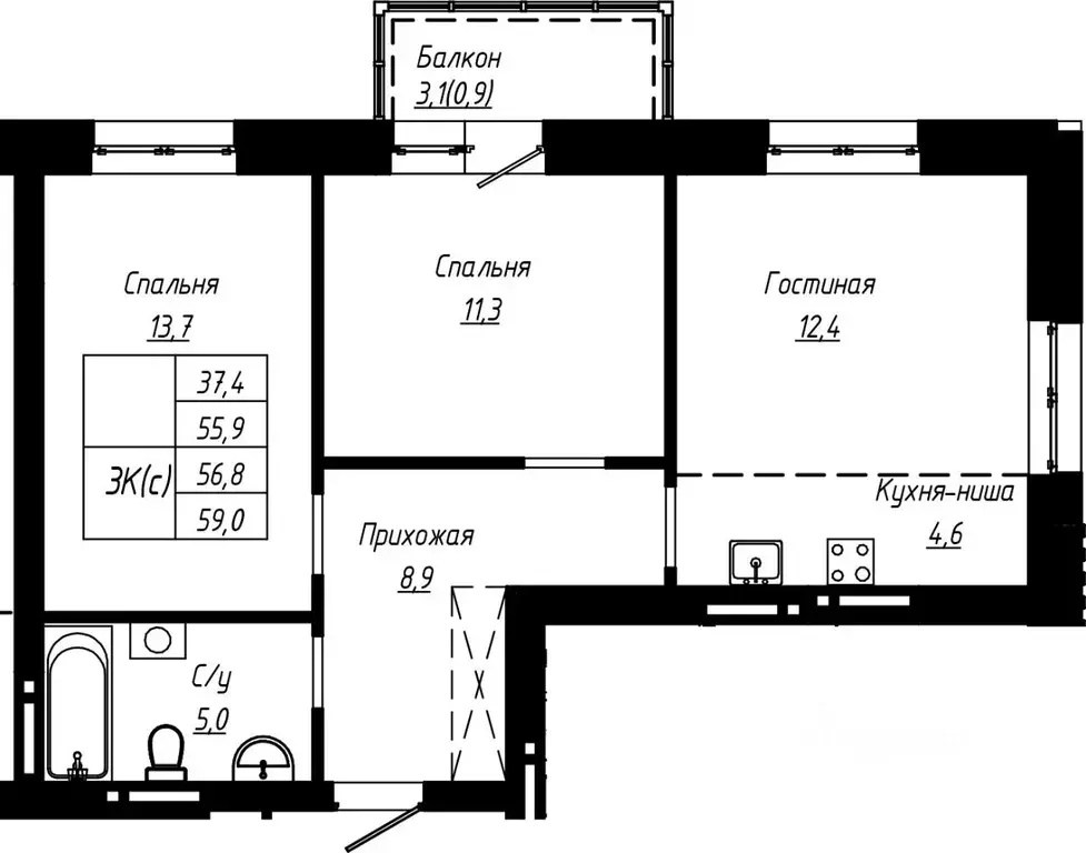 3-к кв. Алтайский край, Барнаул ул. Чернышевского, 189к3 (56.8 м) - Фото 1
