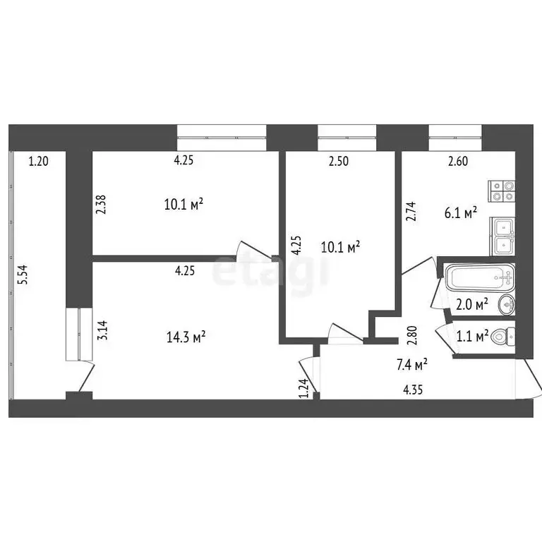 3-комнатная квартира: Стерлитамак, улица Блюхера, 5 (51 м) - Фото 1