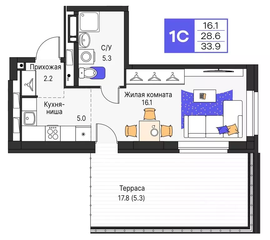 Студия Пермский край, Пермь ул. Карла Модераха, 7 (33.9 м) - Фото 1