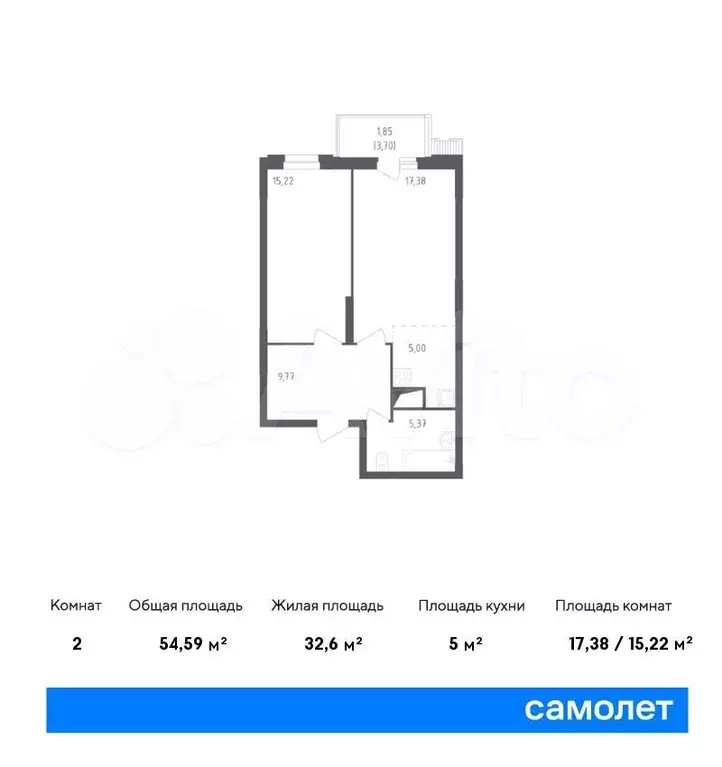 1-к. квартира, 54,3 м, 5/12 эт. - Фото 0