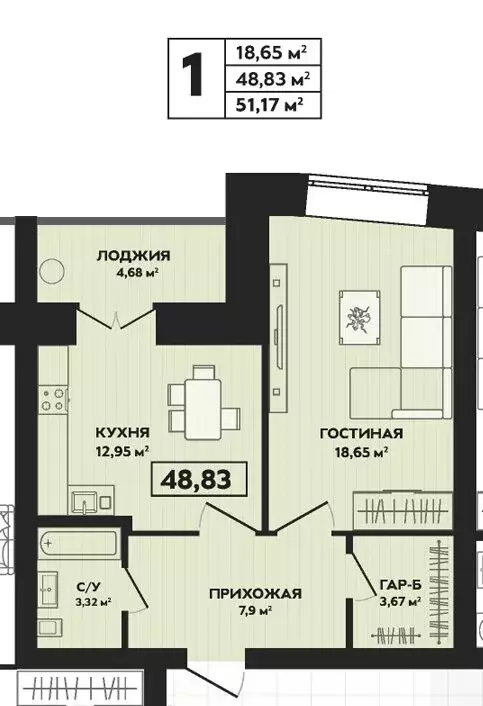 1-комнатная квартира: Йошкар-Ола, улица Чехова (48.83 м) - Фото 1