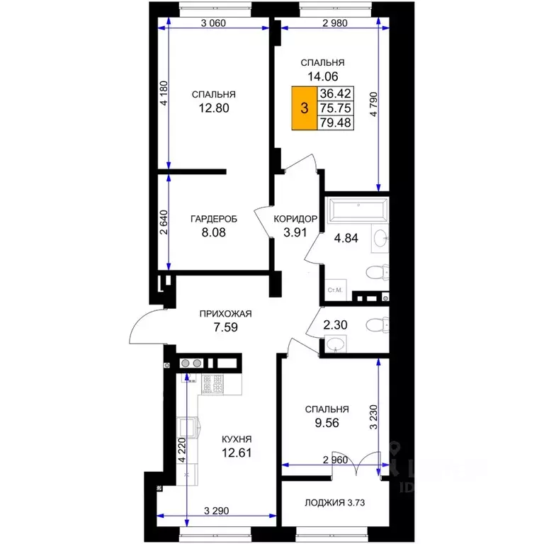 3-к кв. Калининградская область, Гурьевск Включи жилой комплекс (79.48 ... - Фото 1