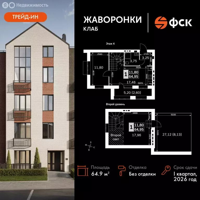 2-комнатная квартира: Митькино, жилой комплекс Жаворонки Клаб (64.95 ... - Фото 0