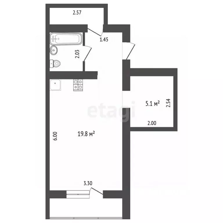 Студия Вологодская область, Вологда ул. Гагарина, 80Ак2 (34.2 м) - Фото 2
