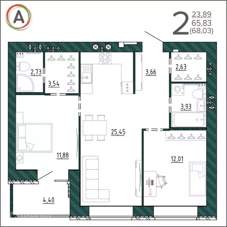Продаётся 2-к квартира, 68.03 м - Фото 1