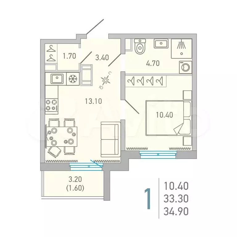 1-к. квартира, 34,9 м, 8/16 эт. - Фото 0