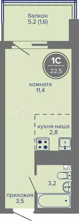 Квартира-студия, 22,5 м, 21/26 эт. - Фото 0