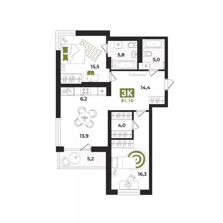 3-комнатная квартира: Тюмень, улица Евгения Войнова, 7 (80.8 м) - Фото 1