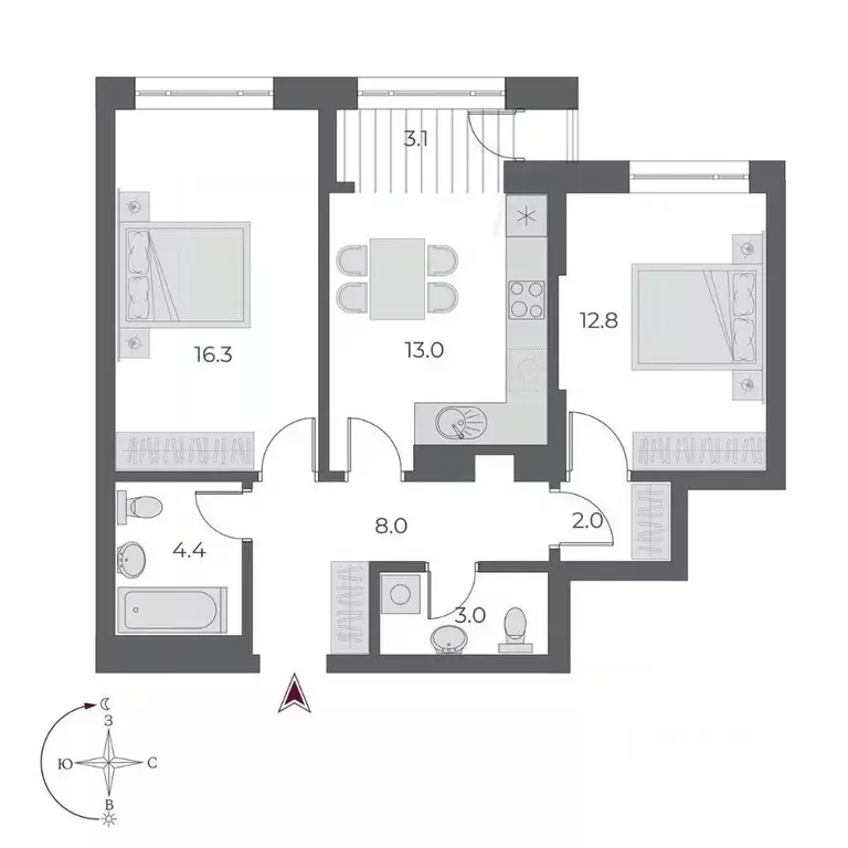 2-к кв. Новосибирская область, Новосибирск Оскар жилой комплекс (62.4 ... - Фото 2