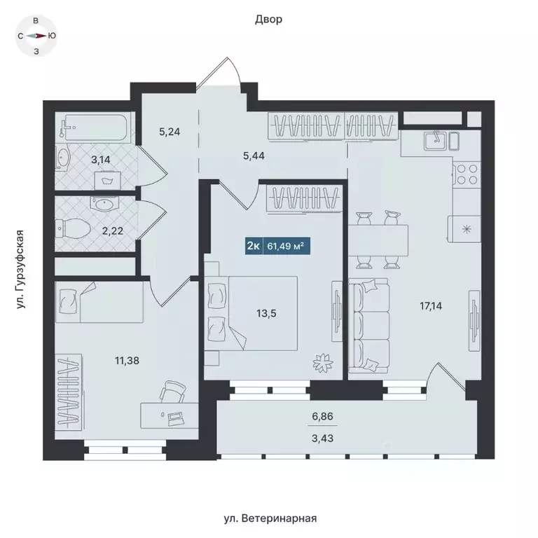 2-к кв. Свердловская область, Екатеринбург ул. Ветеринарная (61.49 м) - Фото 0