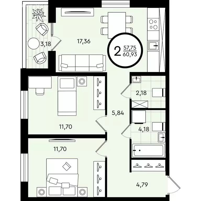 2-комнатная квартира: Тюмень, улица Александра Звягина, 6 (60.93 м) - Фото 0