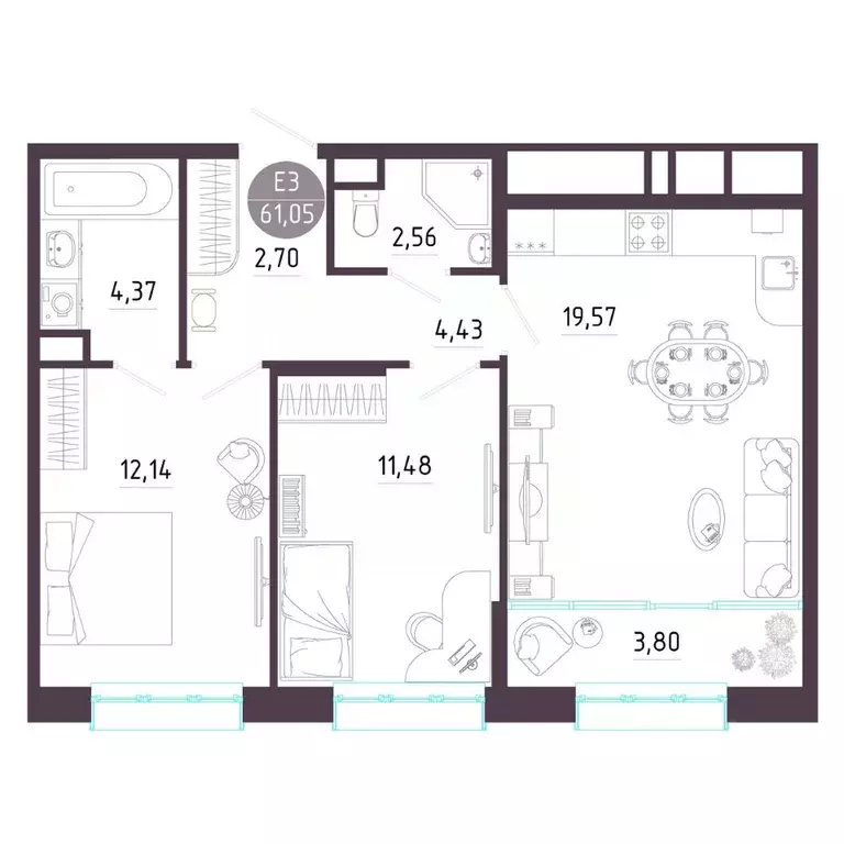 2-к кв. Тульская область, Тула ул. Пряничная, 7 (61.05 м) - Фото 0