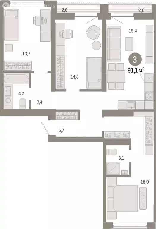 3-комнатная квартира: Новосибирск, Большевистская улица, с49 (91.06 м) - Фото 1