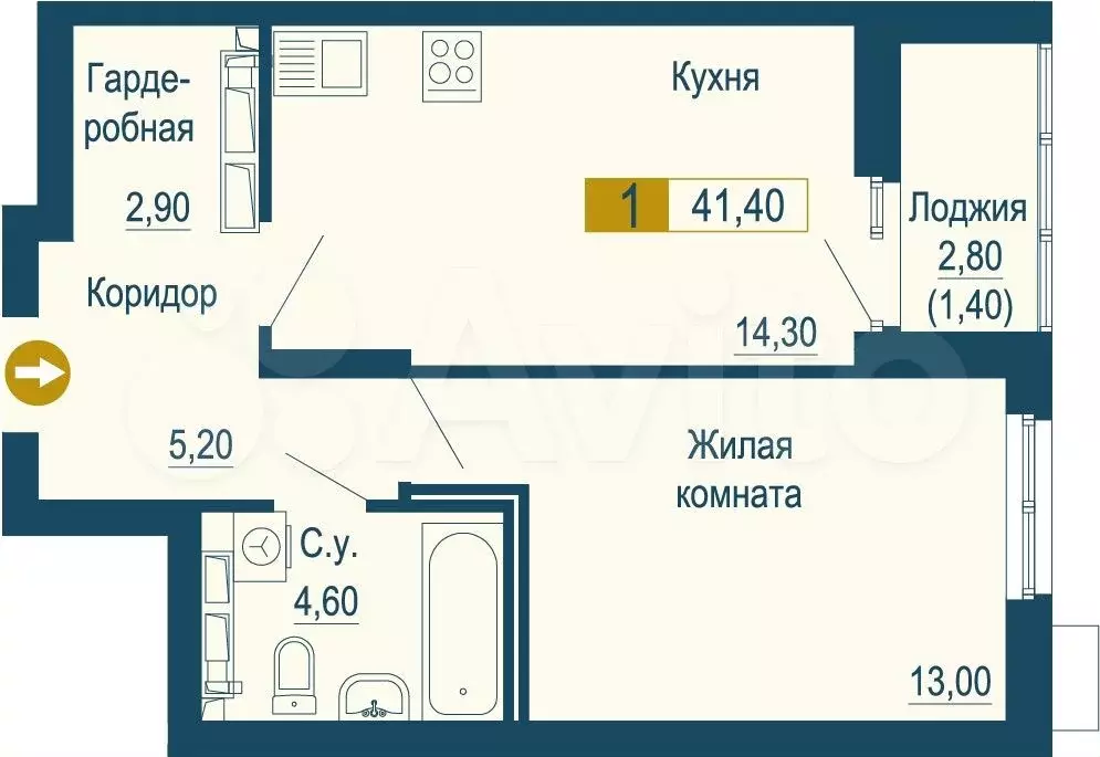 1-к. квартира, 41,4 м, 6/25 эт. - Фото 0