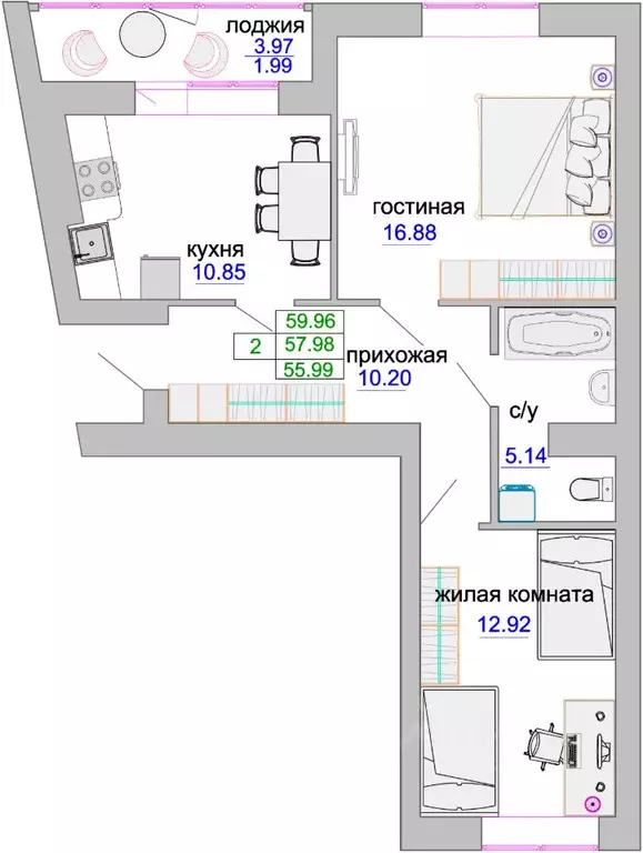 2-к кв. Калининградская область, Зеленоградск ул. Тургенева, 16А (58.4 ... - Фото 0