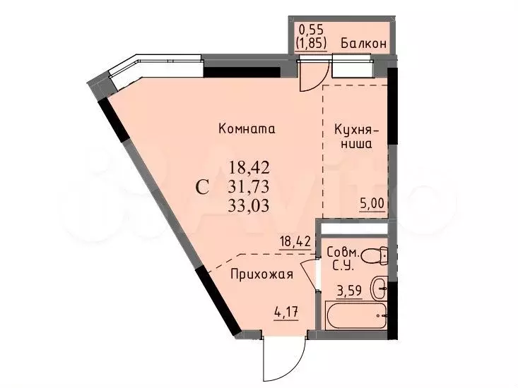 Квартира-студия, 31,7м, 7/17эт. - Фото 0