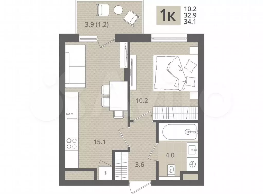 1-к. квартира, 34,1 м, 5/7 эт. - Фото 1