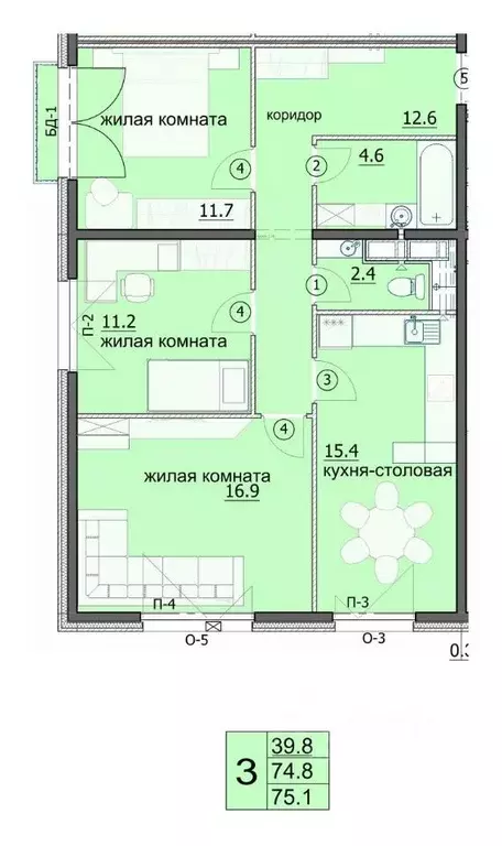 3-к кв. Пензенская область, Пенза ул. Яшиной, 6 (75.1 м) - Фото 0