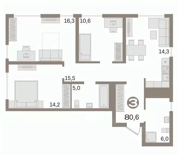 3-к кв. Свердловская область, Екатеринбург ул. Готвальда, 24/4 (80.6 ... - Фото 2