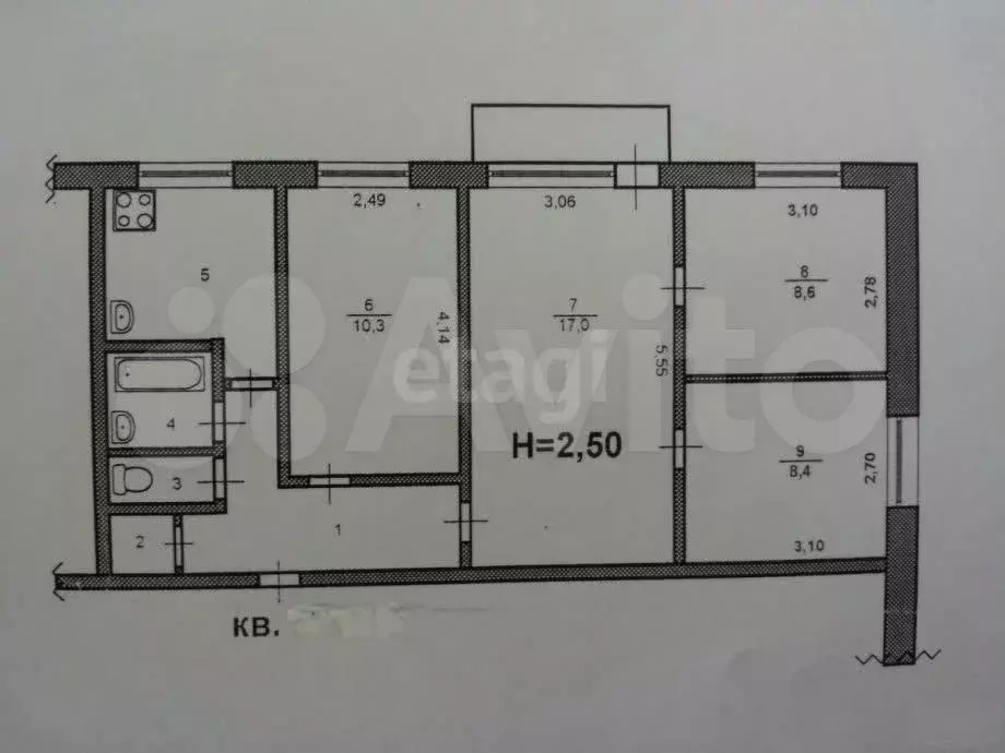 3-к. квартира, 58,4 м, 3/5 эт. - Фото 0