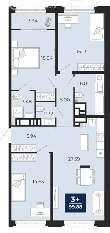 3-комнатная квартира: Тюмень, ЖК Айвазовский Сити (99.88 м) - Фото 1