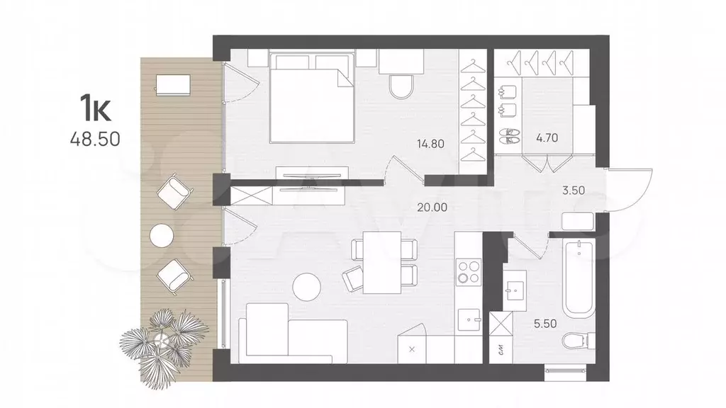 1-к. квартира, 48,5 м, 1/4 эт. - Фото 1