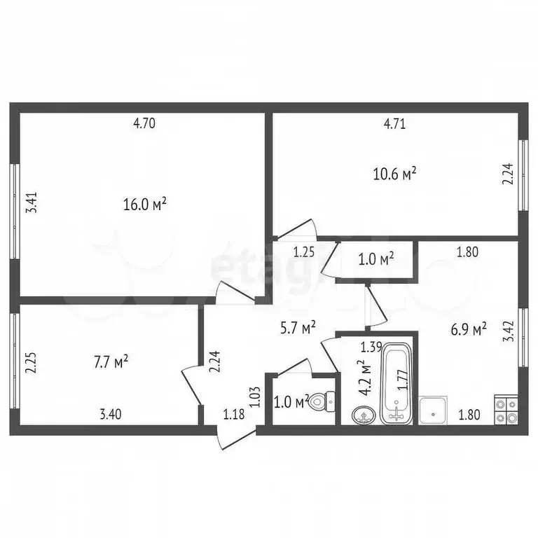 3-к. квартира, 44,8 м, 2/2 эт. - Фото 0