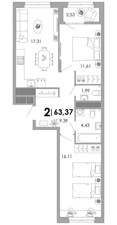 2-к квартира, 63.37 м - Фото 0