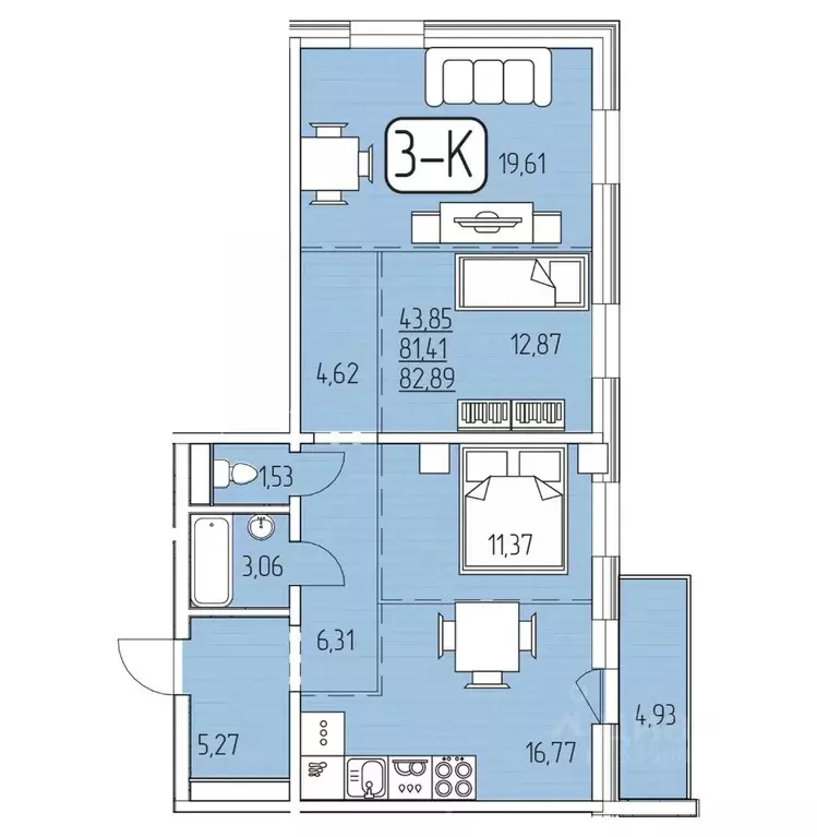 3-к кв. Бурятия, Улан-Удэ 105-й мкр,  (82.89 м) - Фото 1