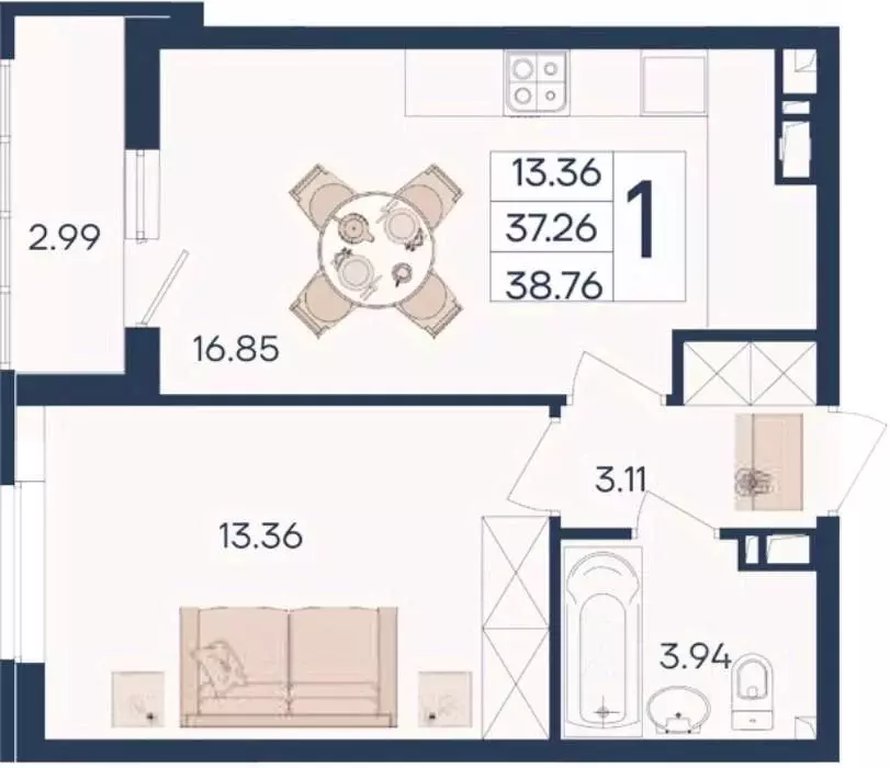 1-к кв. Краснодарский край, Краснодар  (38.76 м) - Фото 0