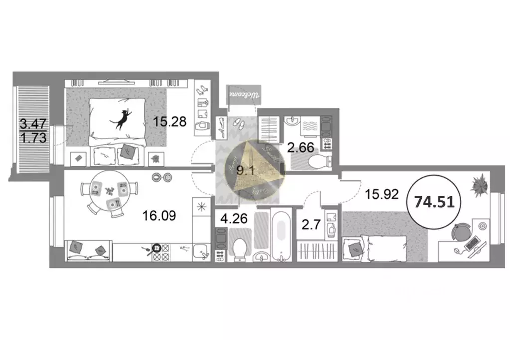 2-к кв. Санкт-Петербург просп. Авиаконструкторов, 54 (74.51 м) - Фото 2