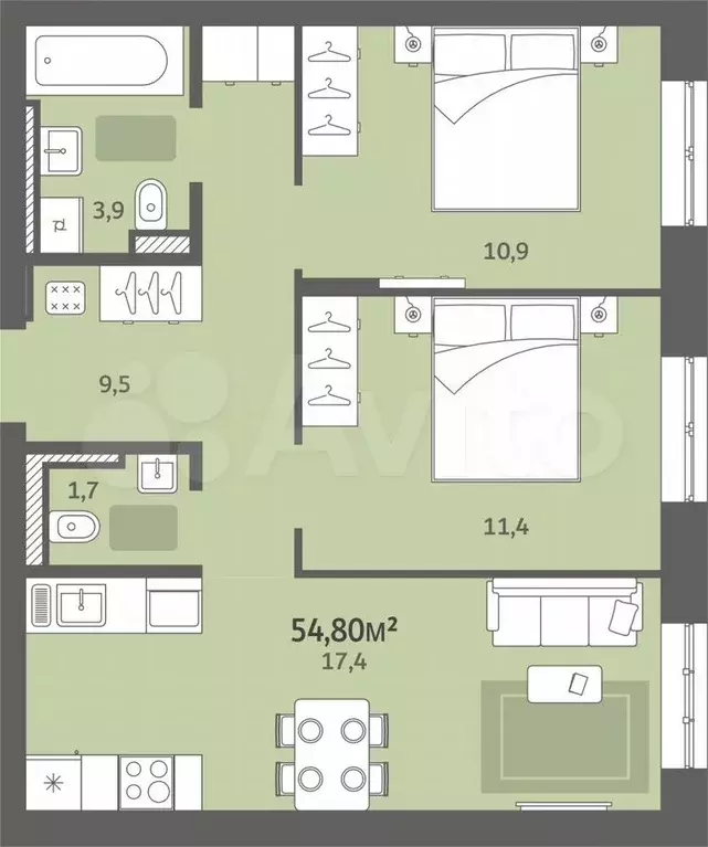 2-к. квартира, 54,8 м, 2/9 эт. - Фото 0
