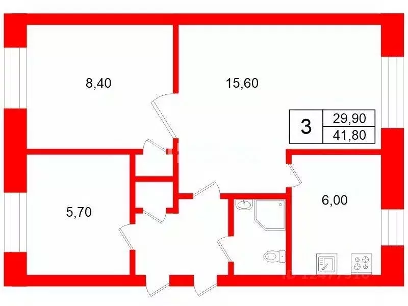 Квартира, 3 комнаты, 41.8 м - Фото 2