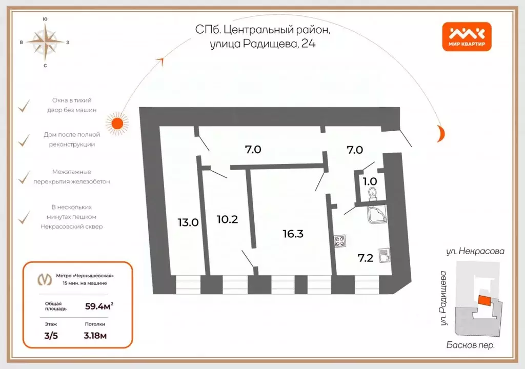 3-к кв. Санкт-Петербург ул. Радищева, 24 (59.4 м) - Фото 1