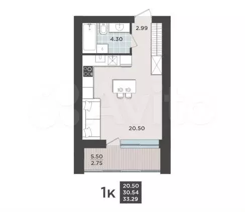 1-к. квартира, 33,3 м, 8/9 эт. - Фото 1
