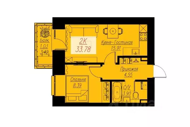 1-к кв. Красноярский край, Красноярск Семафорная ул. (33.78 м) - Фото 1