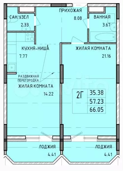 2-к. квартира, 66,1м, 6/14эт. - Фото 1