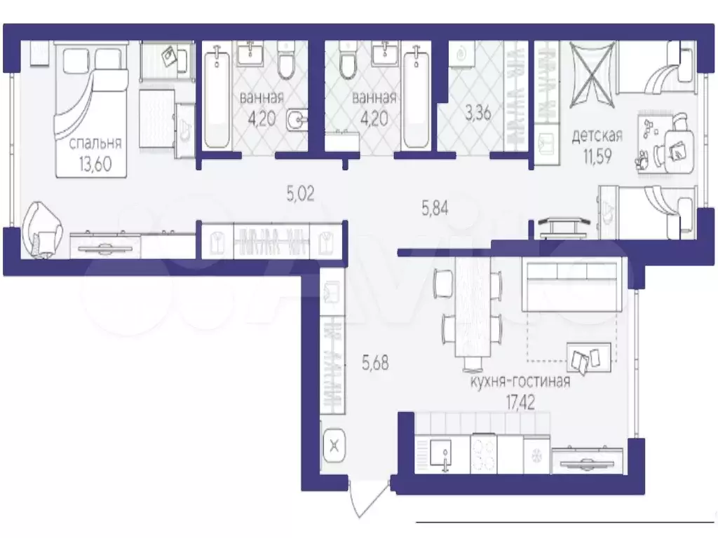 2-к. квартира, 71 м, 3/4 эт. - Фото 1